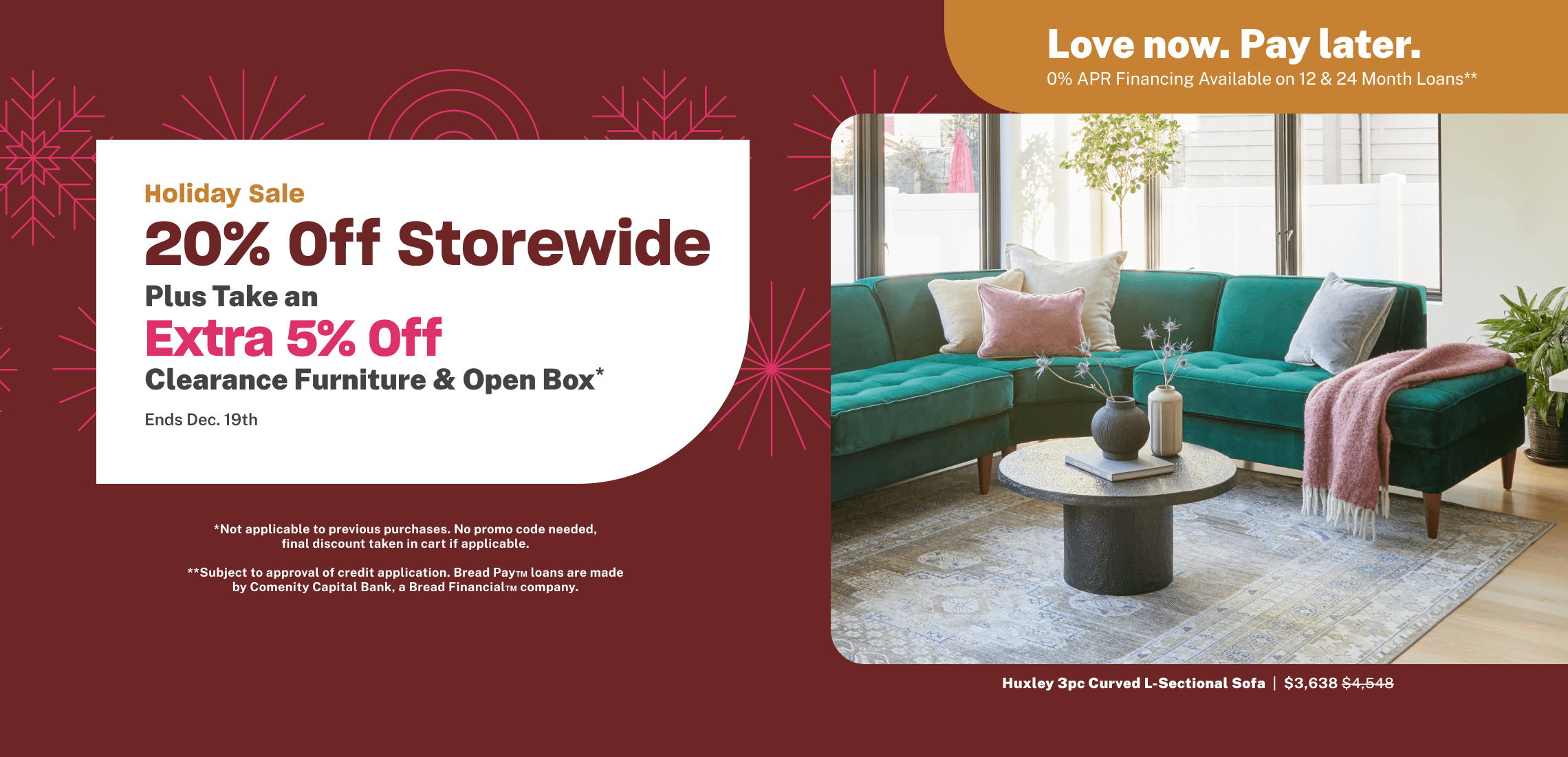 Holiday Sale details with an image of a green sectional sofa with throw pillows and a throw, some house plants and a black coffee table.