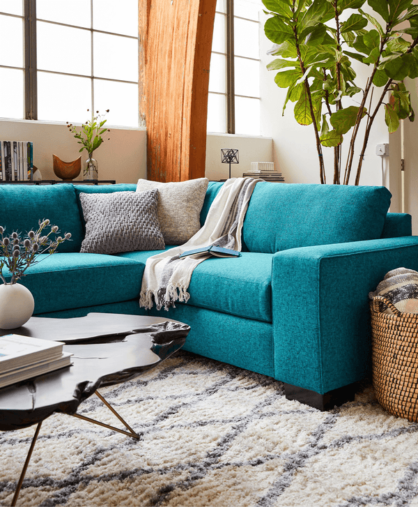 Blue Contemporary Sectional Sofa with Black and White Rug