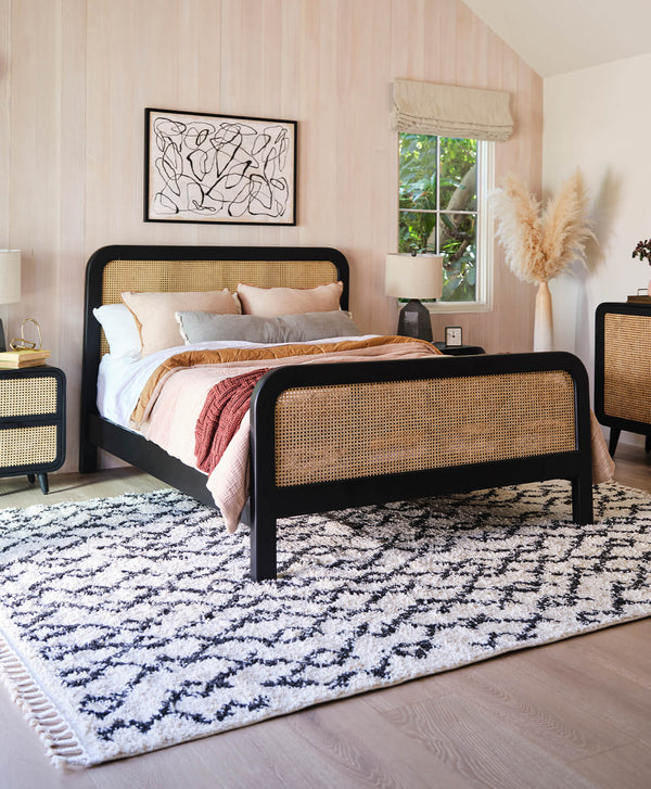 Modern Black and Wicker Contemporary Bedroom Set on a Large Black and White Rug